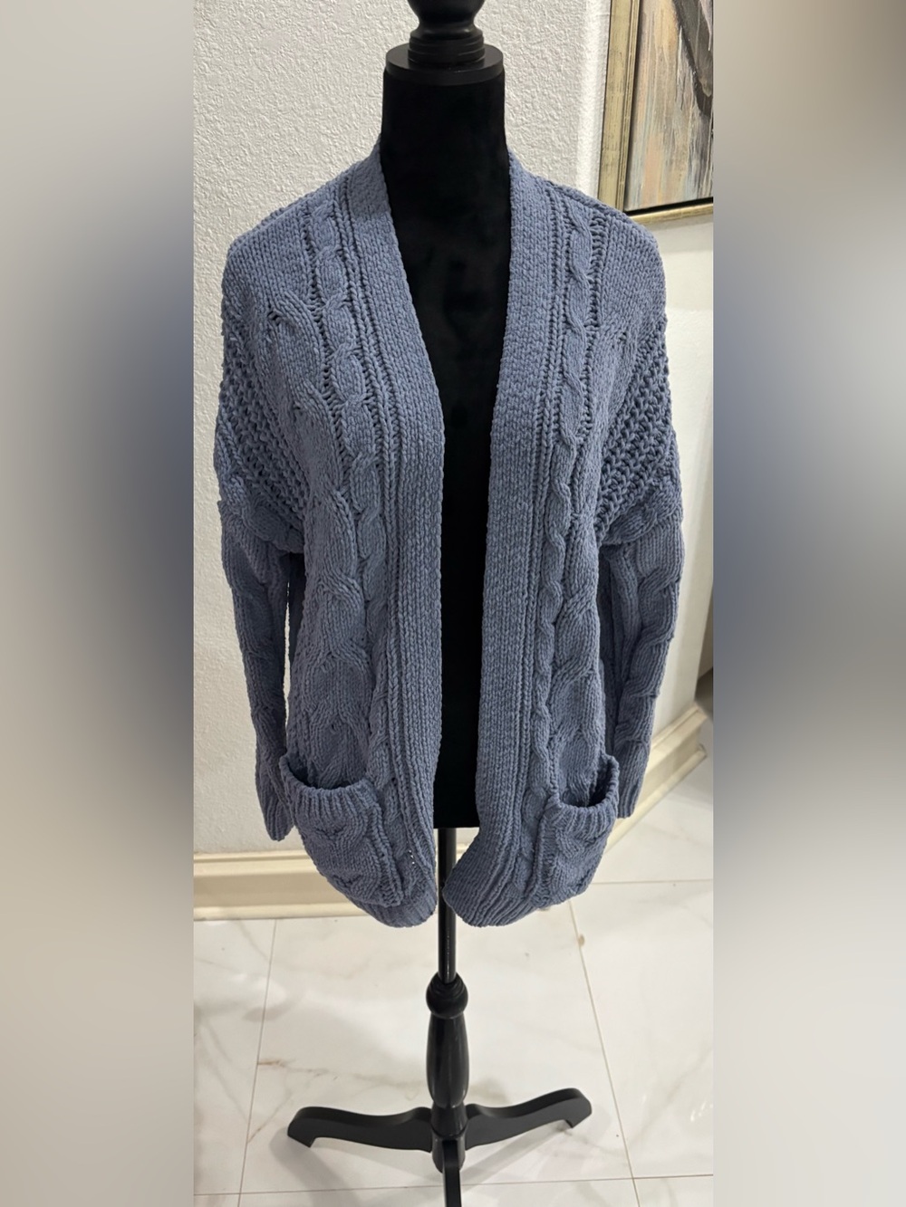 Hooked Up by IOT Slate Blue Cable Knit Open-Front Cardigan